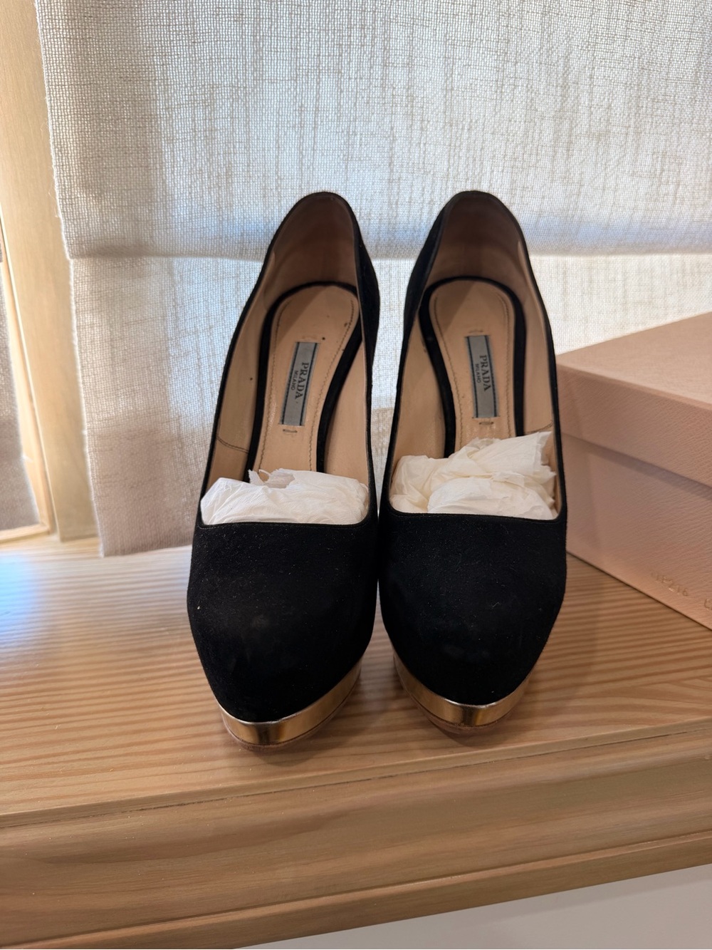 Prada Black Suede Stiletto Heels with Gold Metallic Accents